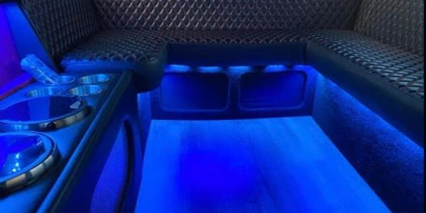 Luxurious blue-lit seating area with quilted upholstery and cup holders.