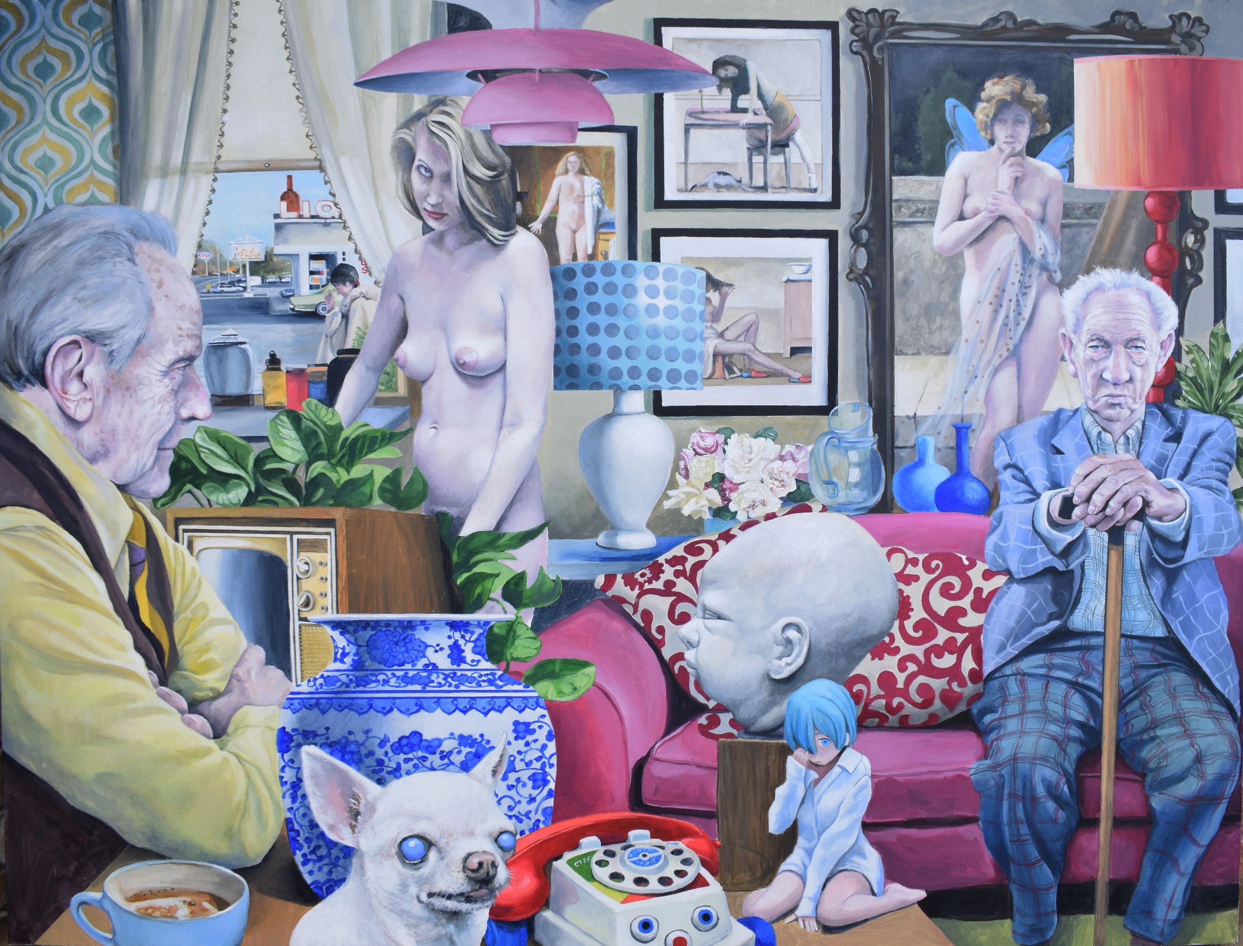 Surreal painting featuring elderly men, a nude woman, dolls, and a white dog in a cluttered room.