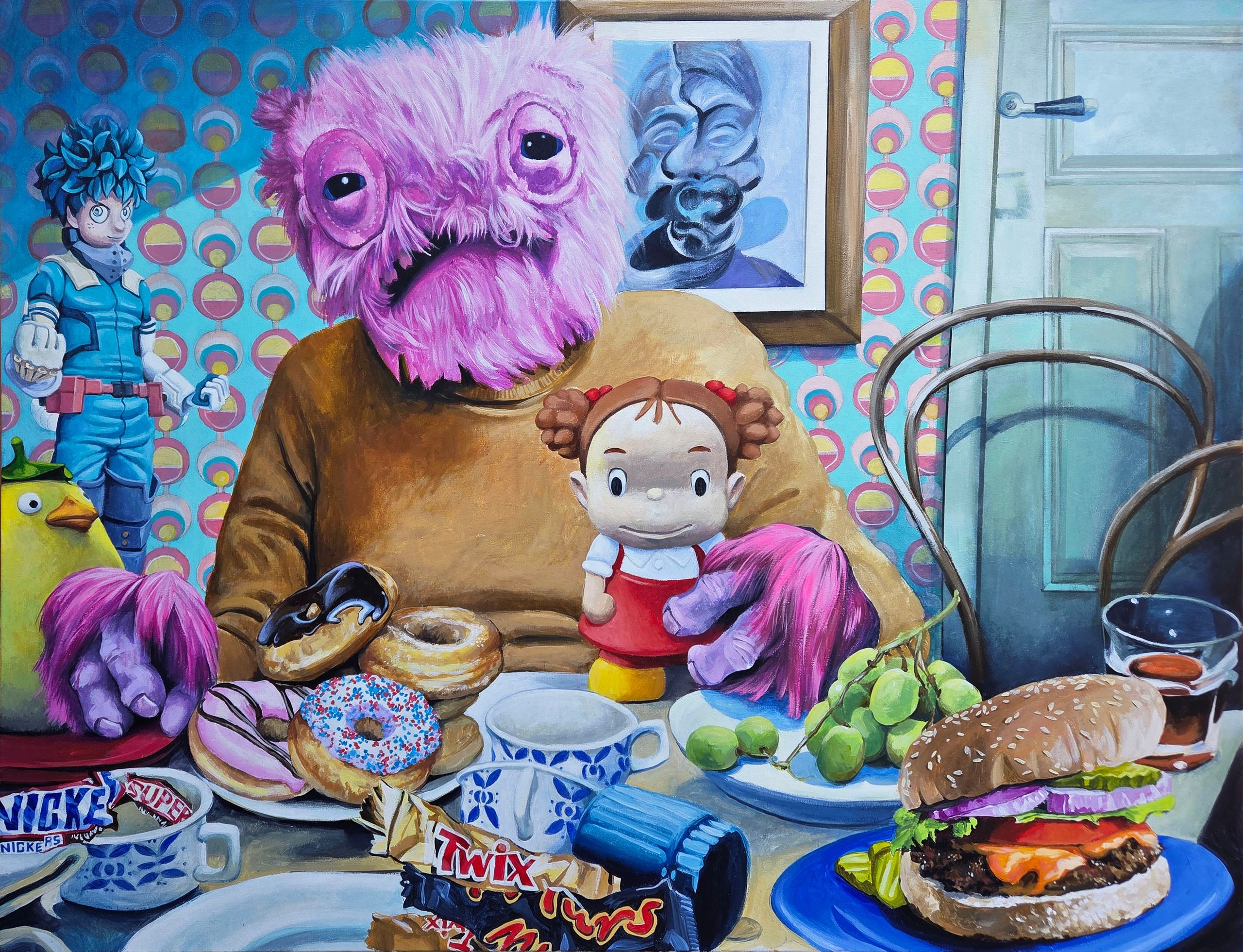 Surreal painting of a pink furry creature holding a doll at a colorful breakfast table.