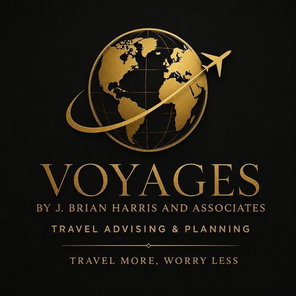 Gold globe and airplane logo for travel advising company.