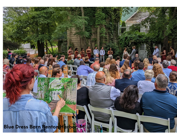 Blue Dress Barn Benton Harbor, MI painting of couple and ceremony. Professional DJs Services.