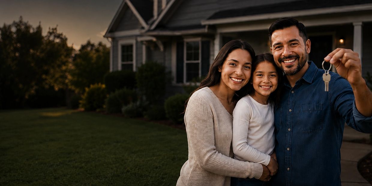 Happy family standing in front of their new home holding keys.