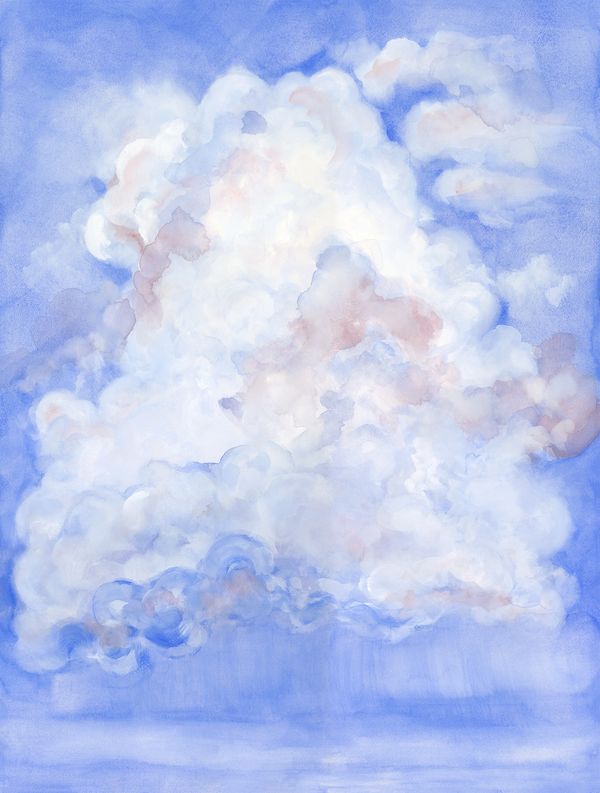 Original watercolour of a large cumulus cloud in french blue, white and touches of pink.