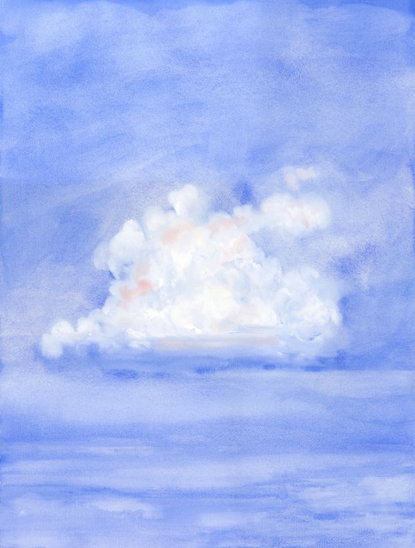 Original watercolour of a cumulus cloud in french blue, white and touches of pink.