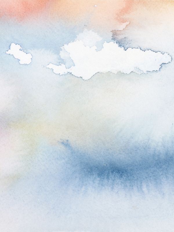 Watercolour lake scene in blue, yellow and pink with one cloud in impressionist style by Renée Anne
