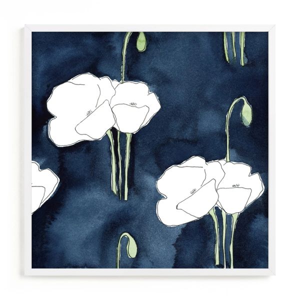 White poppies floating on a deep blue indigo background with touches of green by Renee Anne.