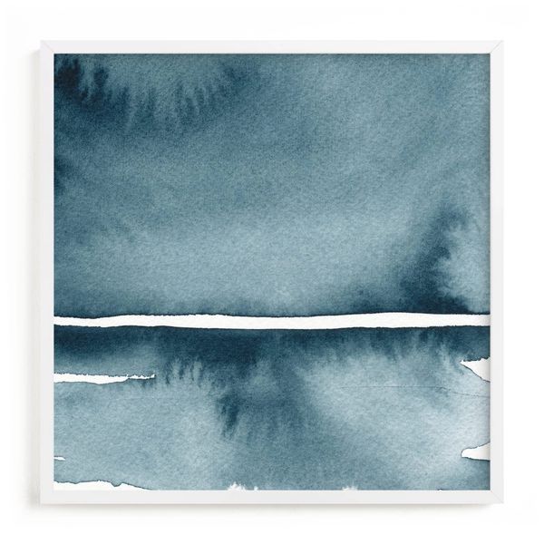 Indigo blue watercolour simple painting of a snowy lake landscape by Renée Anne framed in white.