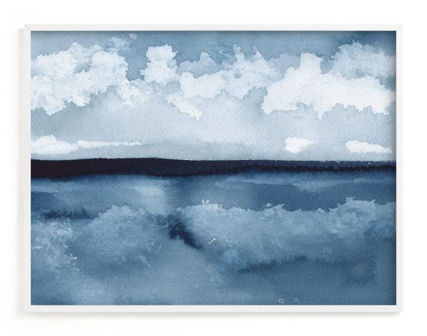 Deep blue landscape of the lake, clouds and land by artist Renée Anne Bouffard-McManus.