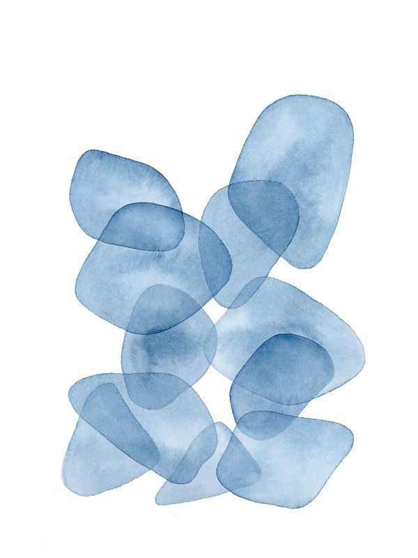 Stacked blue watercolour shapes inspired by ice broken up on the river by Renée Anne