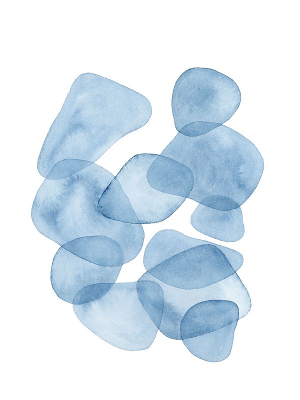 Stacked blue watercolour shapes inspired by ice broken up on the river by Renée Anne