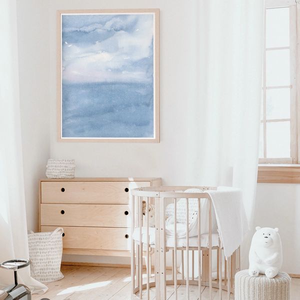 Blue impressionist watercolour painting by Renée Anne Bouffard-McManus displayed in a simple nursery