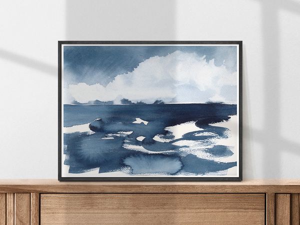 Deep blue landscape of the lake and clouds by artist Renée Anne Bouffard-McManus.