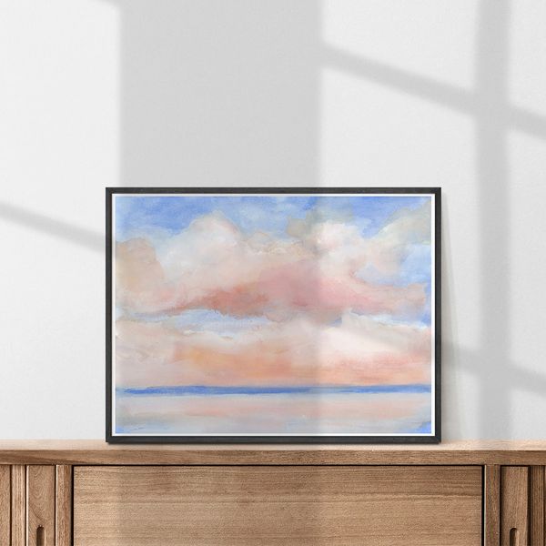 Blush pink cloud hovers over a french blue lake by Renée Anne Bouffard-McManus