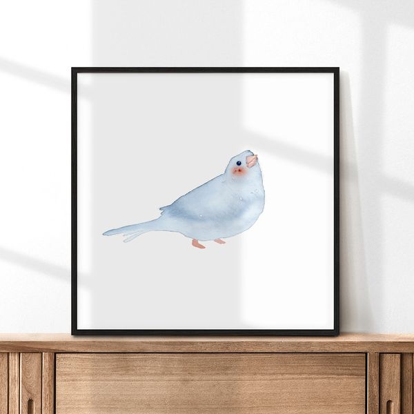 Framed blushing blue bird on a white background by Renée Anne Bouffard-McManus