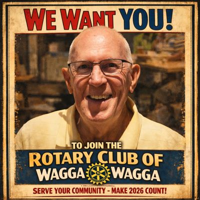 A vintage-style poster urging to join Rotary Club of Wagga Wagga with a smiling elderly man.