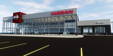 Aluminum composite panels at Spruce Grove Nissan. Structural Design by Notch1 Management Ltd.