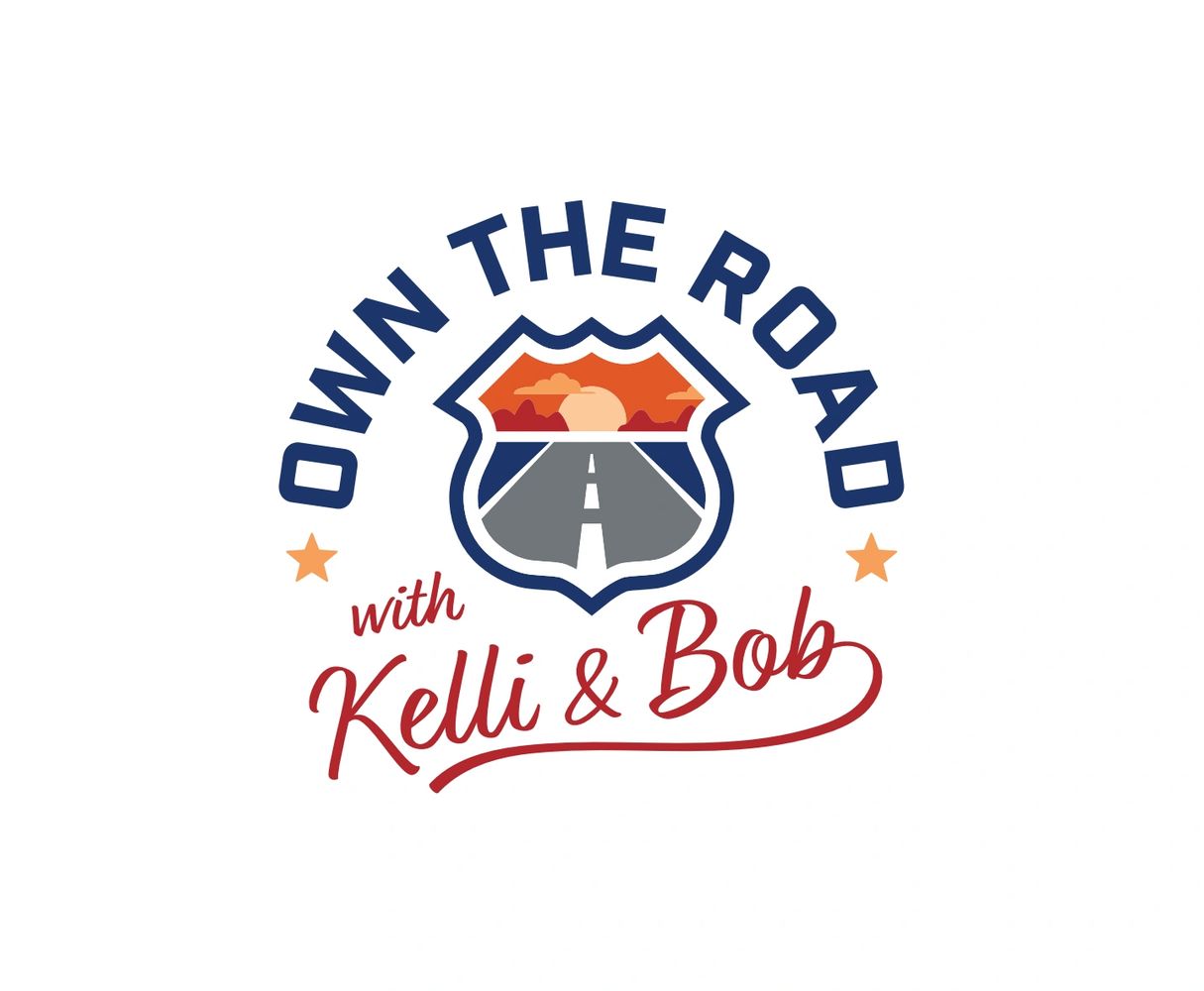 Logo for "Own The Road with Kelli & Bob" featuring a road and sunset.