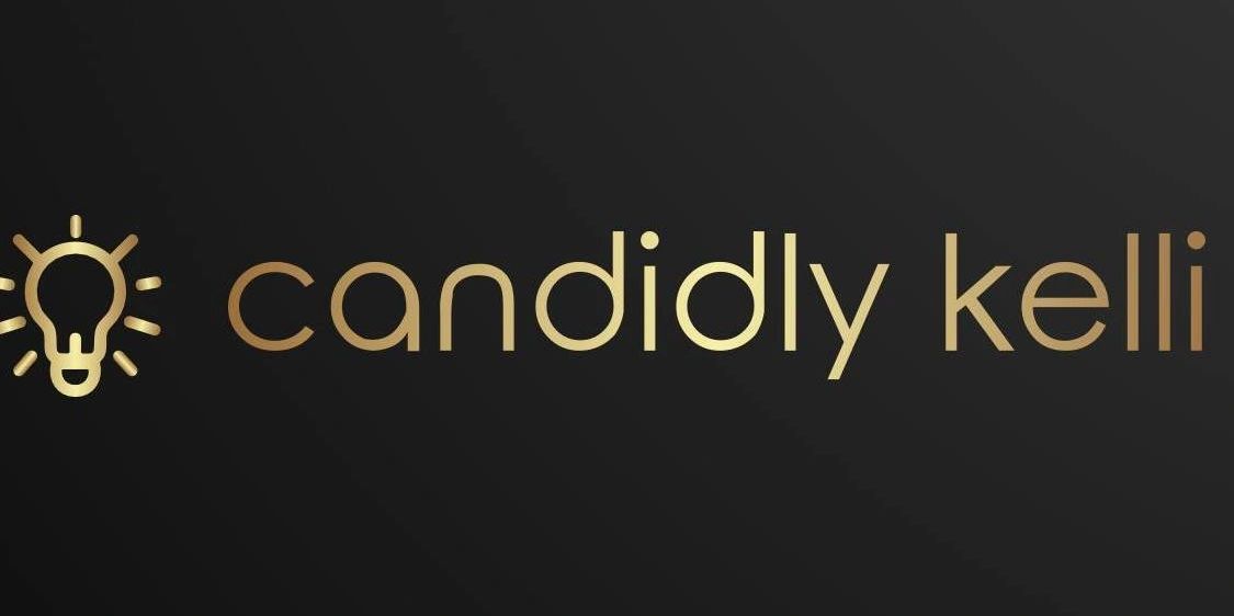 Gold text logo "candidly kelli" with a lightbulb icon on black background.