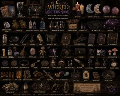 Wicked Sisters Nook with labeled witchy items.