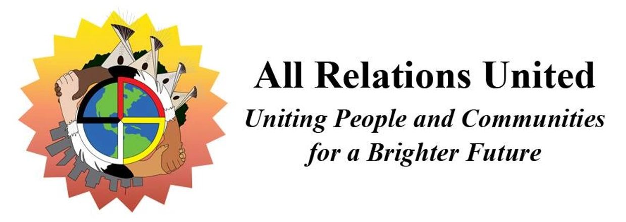 Logo with earth, hands, and teepees symbolizing unity.