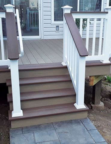 PVC decking with vinyl railings, stamped concrete