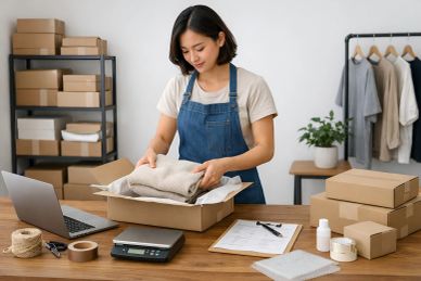 A woman is packing a product she is affiliated with, earning a commission for each sale.