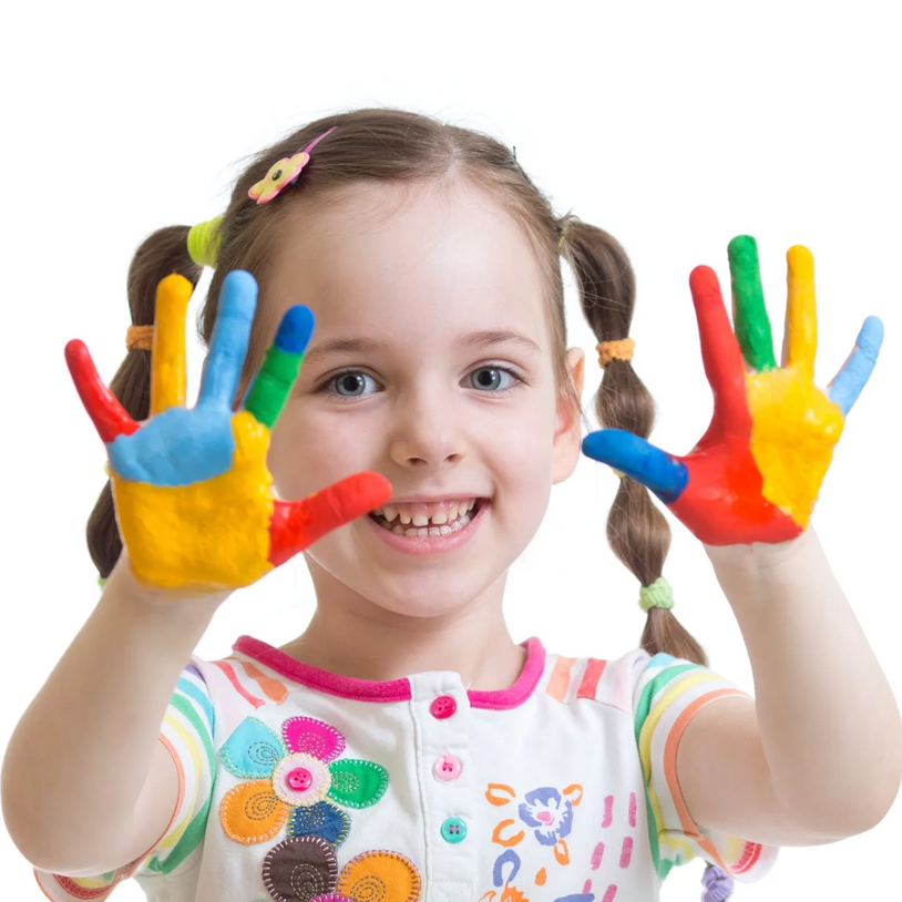 Beautiful girl with colored hands.