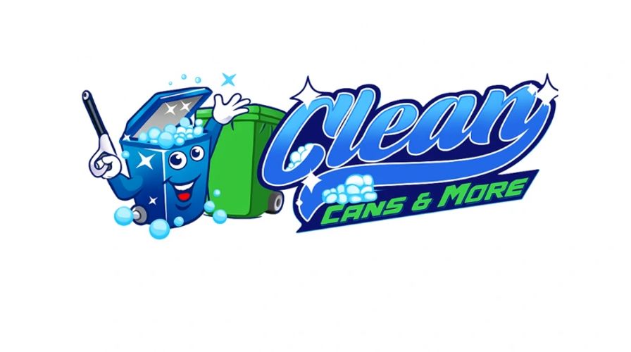 A cheerful blue trash bin with soap bubbles and a magic wand, next to a green bin, with "Clean Cans & More" text.