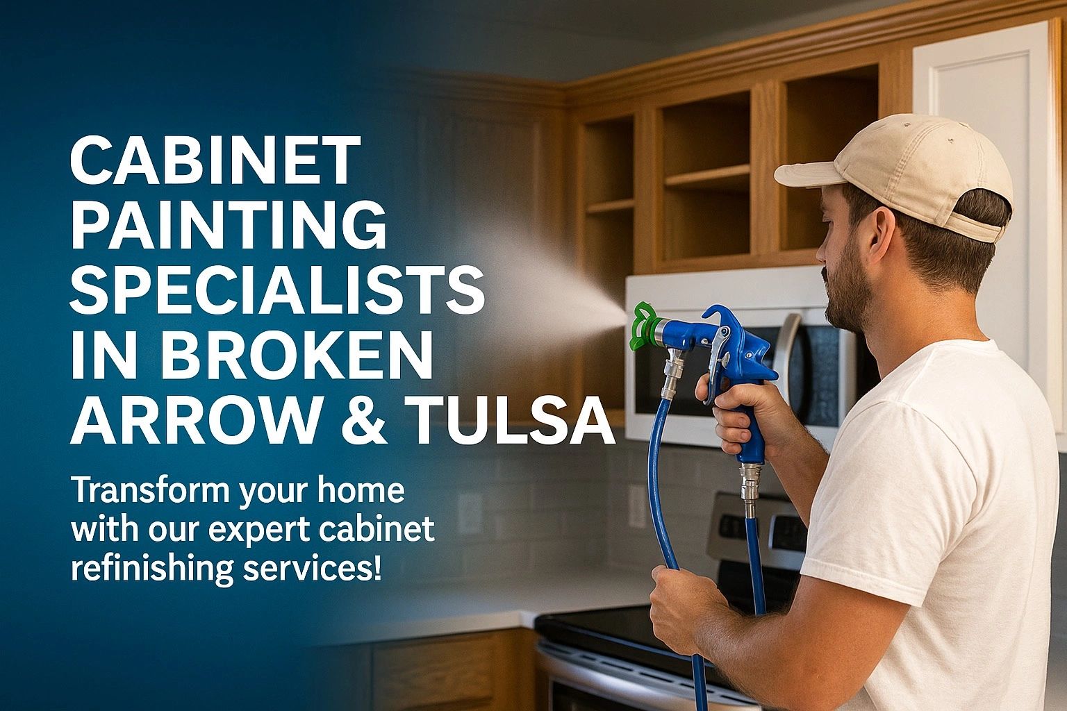 Cabinet painting specialist refinishing kitchen cabinets in Broken Arrow using a Graco airless.