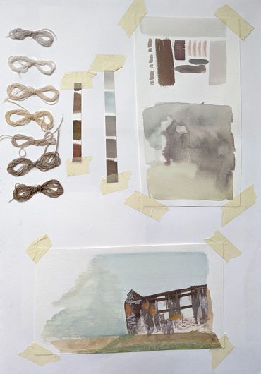 Yarns, colour swatches and mini Falkland palace painting