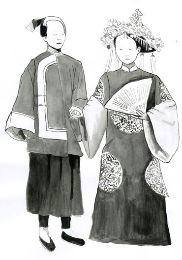 Ink painting of manchu bride and her maid
