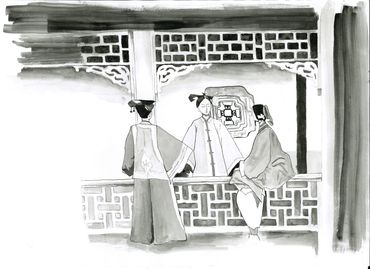 Ink painting of 3 Manchu ladies