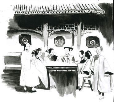 Ink painting of Manchu ladies at dinner table