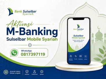 Iklan aktivasi M-Banking Syariah Bank Sulselbar dengan kontak WhatsApp.