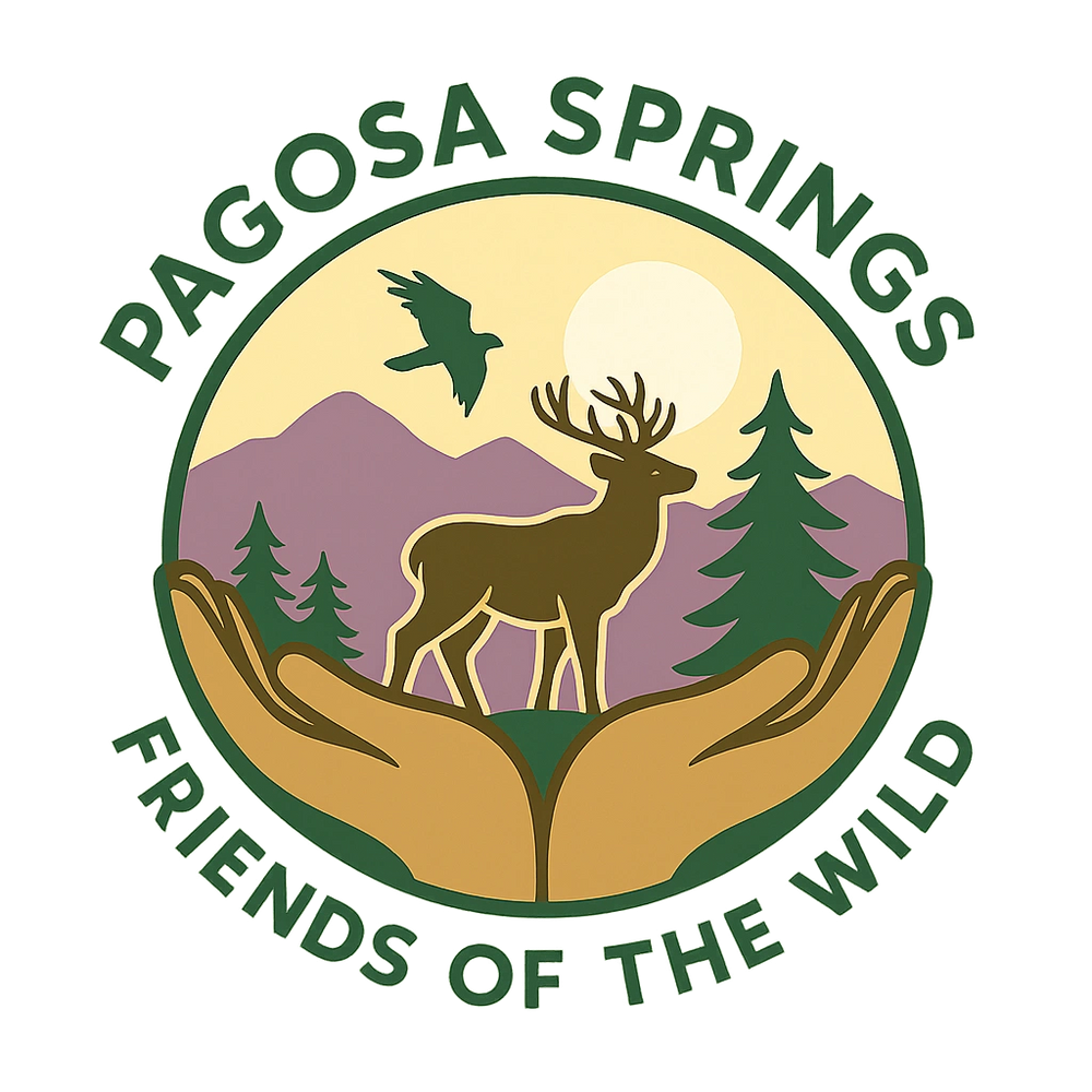 Logo featuring a deer, bird, trees, and hands with text Pagosa Springs Friends of the Wild.