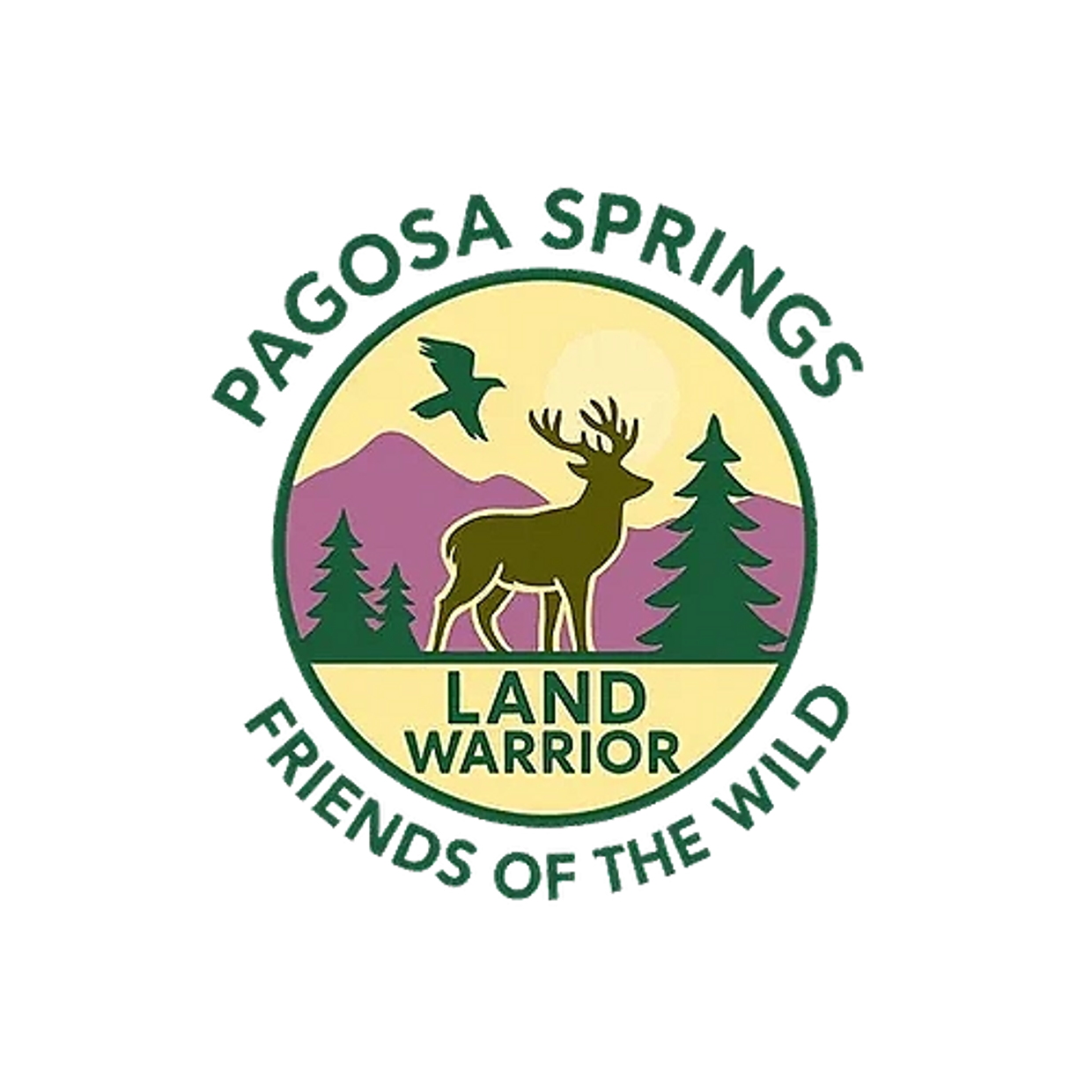 Logo featuring a deer, trees, and mountains with text about Pagosa Springs and land conservation.