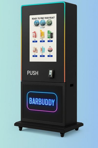 A sleek black vending machine named BARBUDDY with a colorful neon sign and a product selection screen.