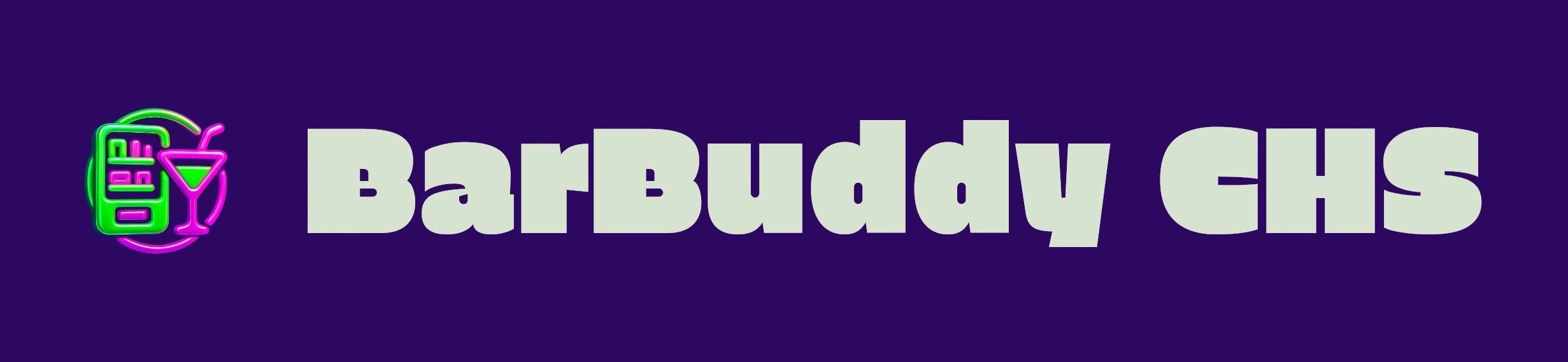 Logo for BarBuddy CHS with neon drink icons on purple background.