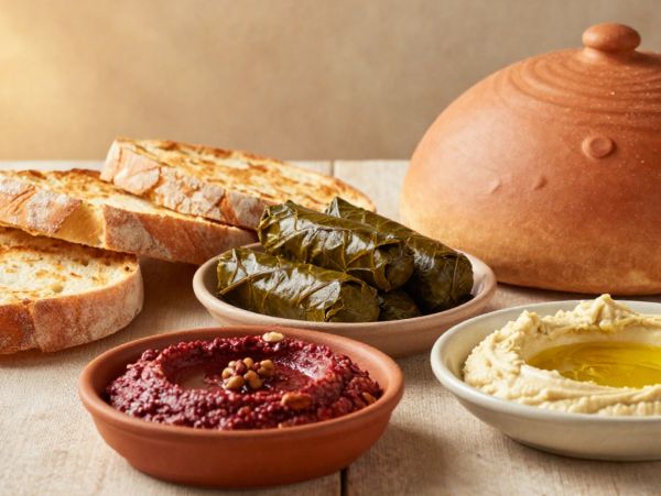 Mediterranean appetizers with hummus, beet dip, grape leaves, and bread.