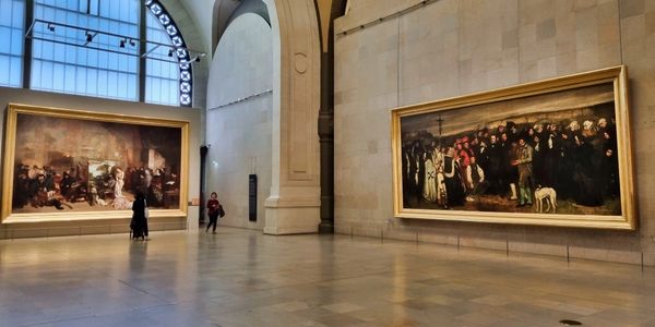 Big picture of two huge works of Courbet in Orsay : Ornans and Decadence and Artist Studio