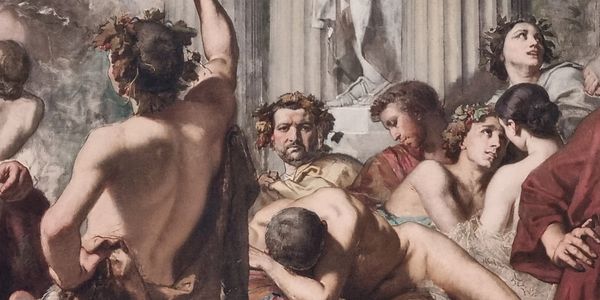Hidden Auto-Portrait of Courbet  in The Romans in their Decadence in Orsay Museum
