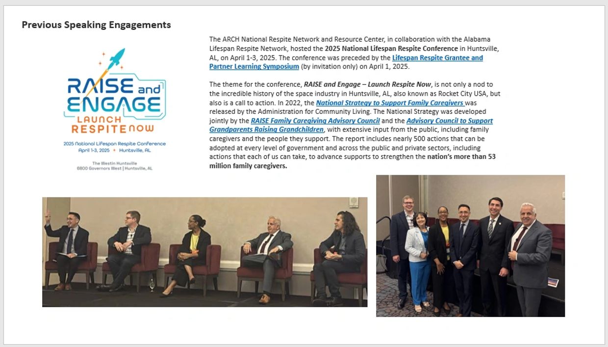 Images and text about the 2025 National Lifespan Respite Conference in Huntsville, AL.