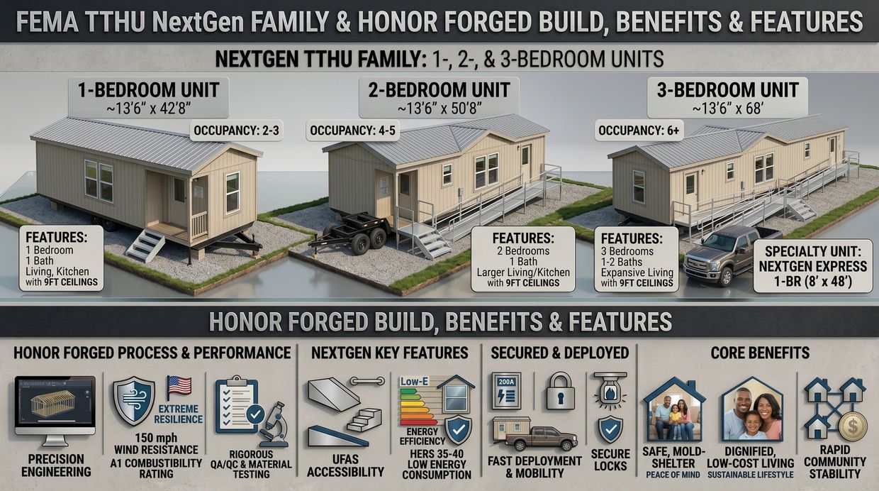 Infographic of FEMA NextGen housing units showing 1- to 3-bedroom options and their features.