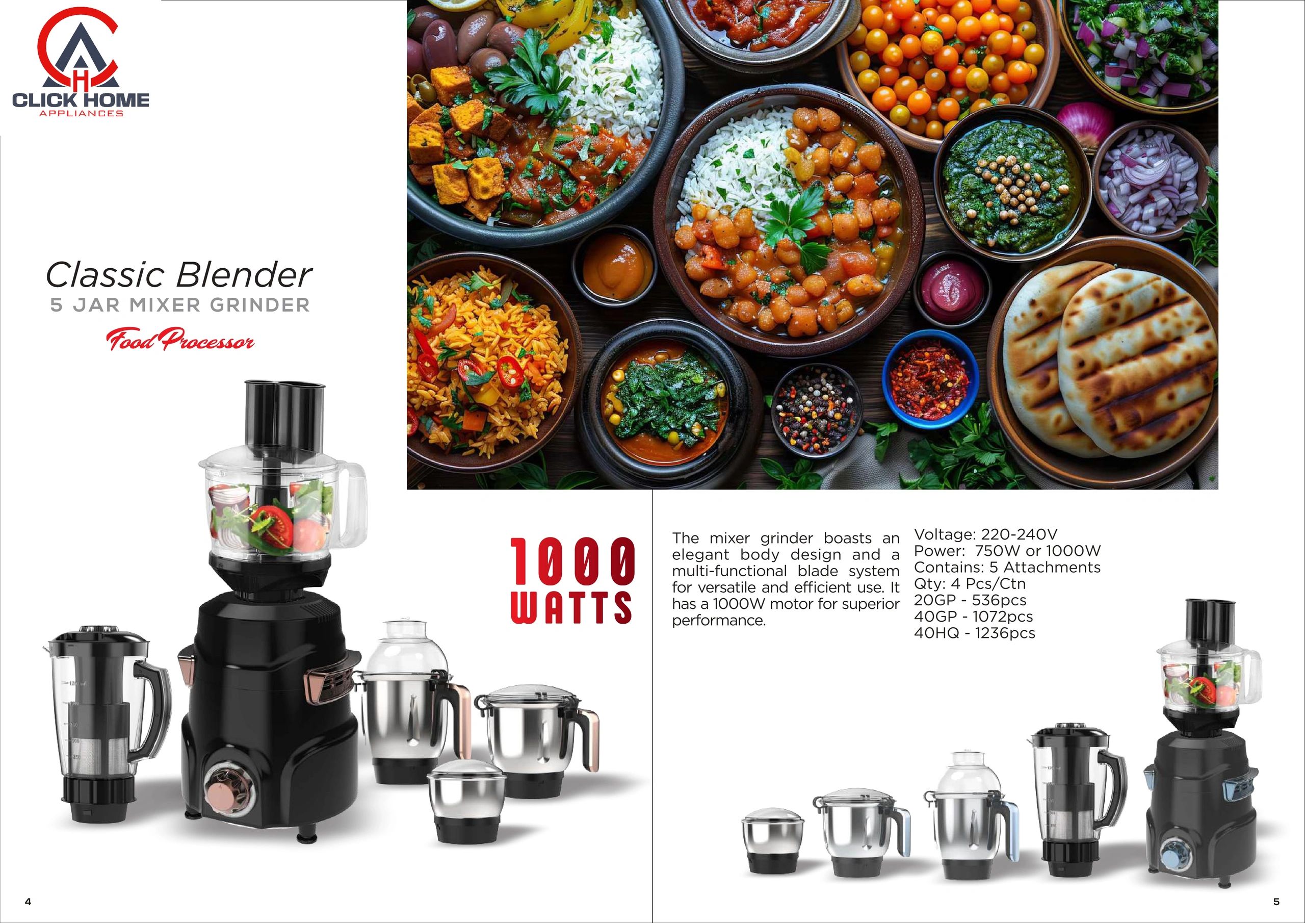 Classic Blender 5 Jar Mixer Grinder with 1000W motor and versatile attachments.