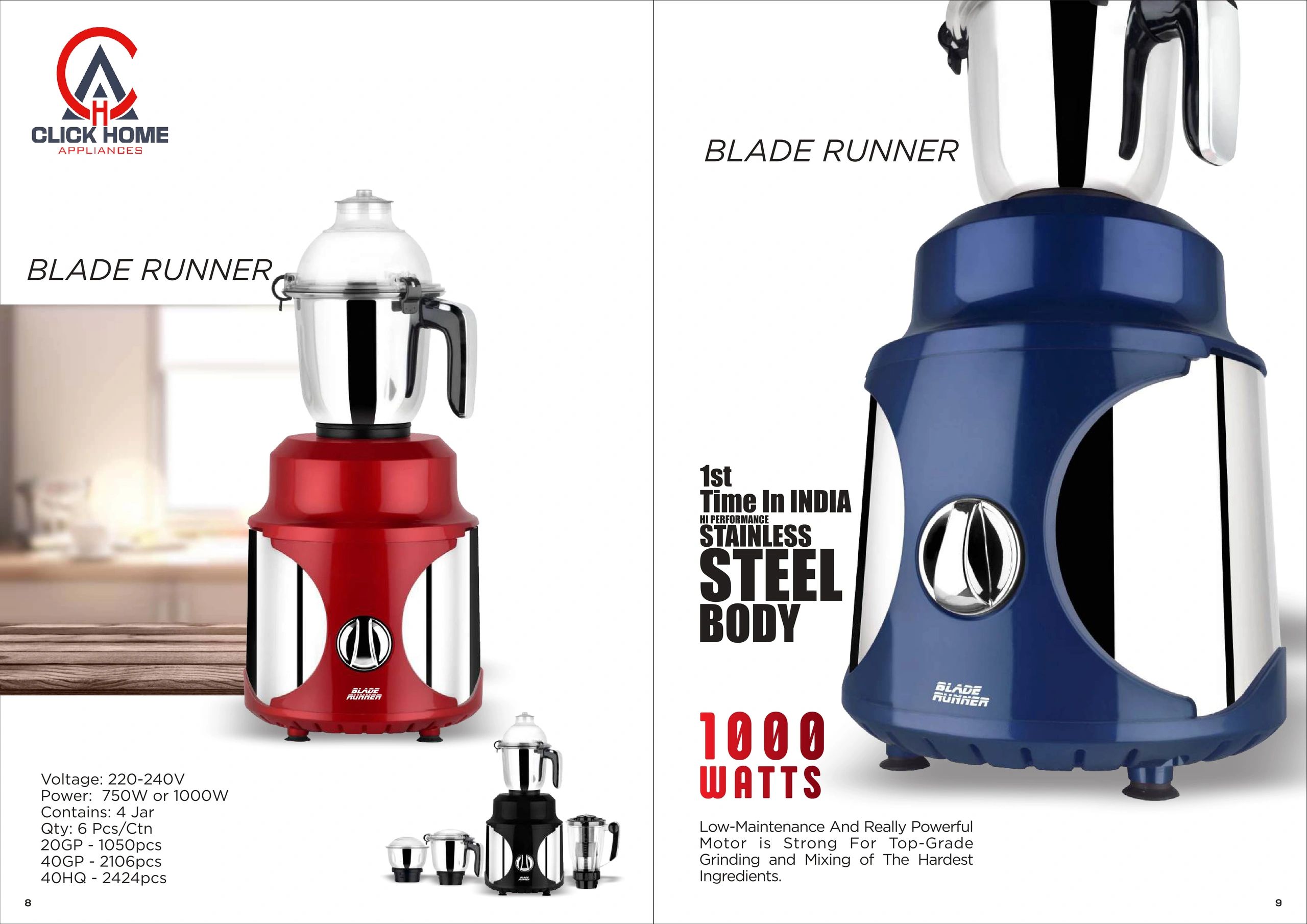 Two Blade Runner mixer grinders in red and blue with stainless steel bodies.