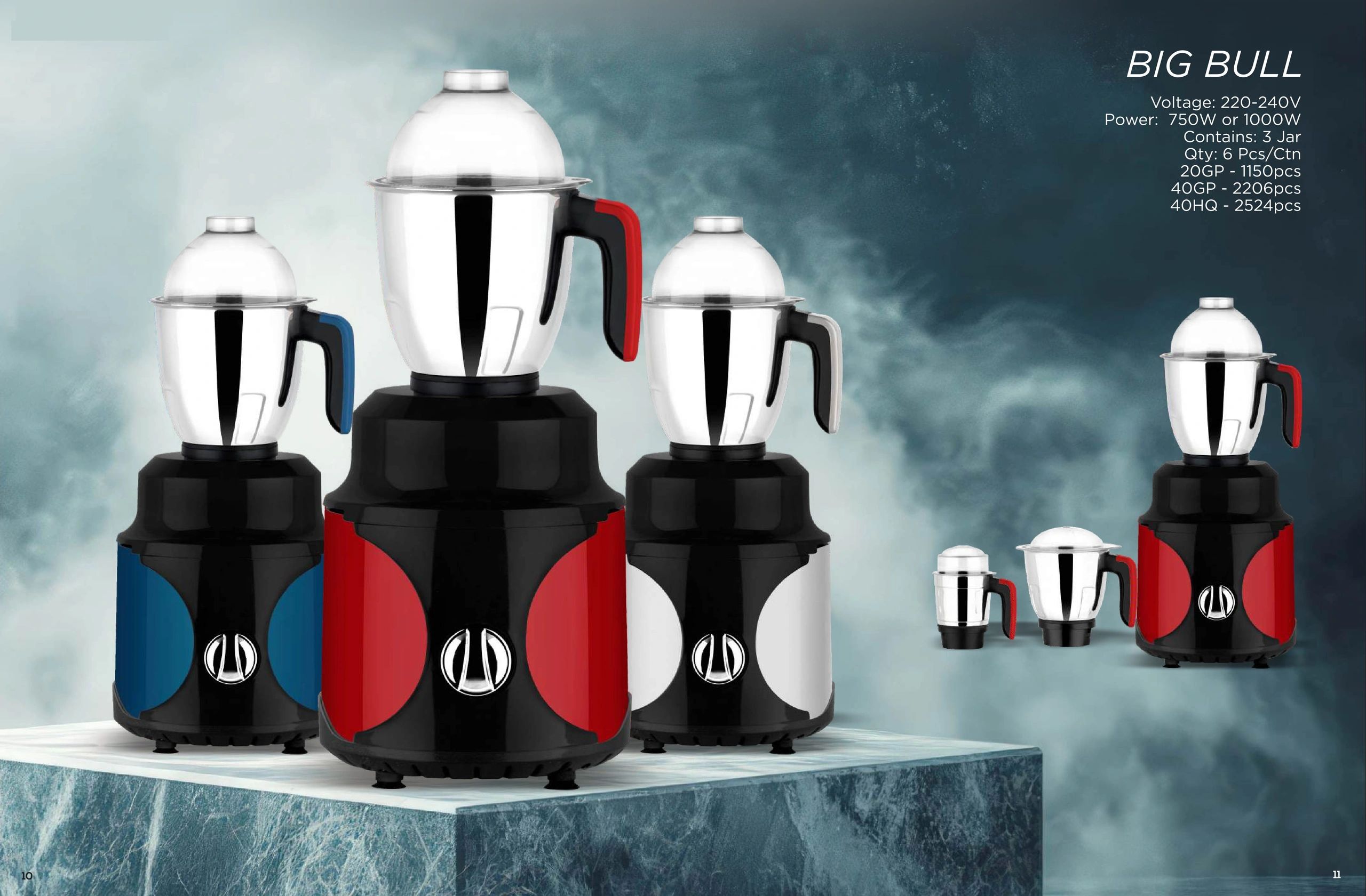 Three colorful Big Bull mixers with stainless steel jars on a marble platform.