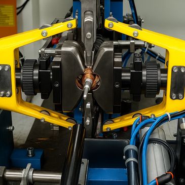 Close-up of a precision industrial machine with yellow clamps and copper wiring.