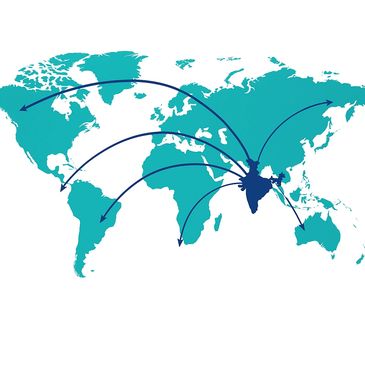 World map with arrows showing connections originating from India to various continents.