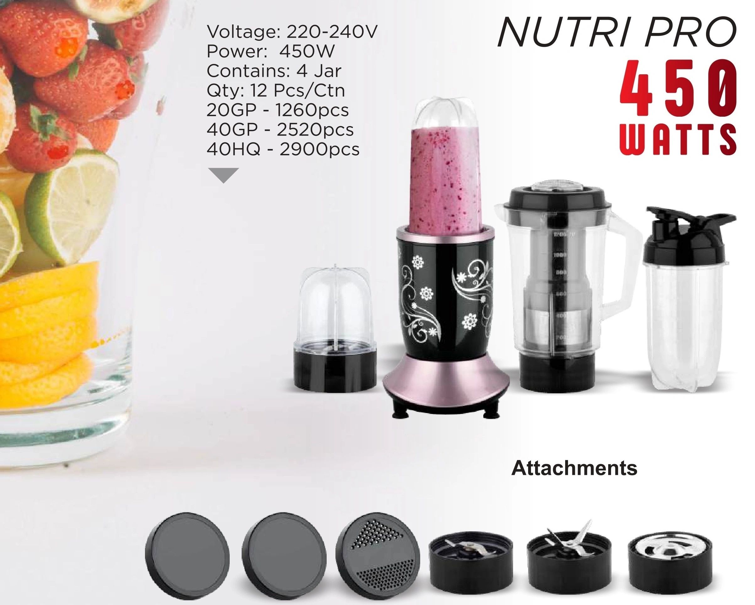 Nutri Pro 450 Watts blender with multiple jars and attachments for versatile blending.