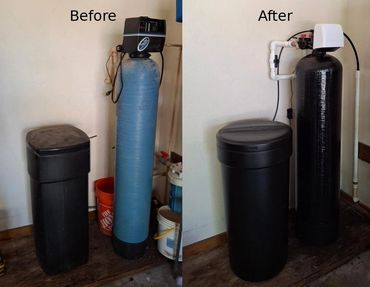 Before and after images of water softener system replacement.
